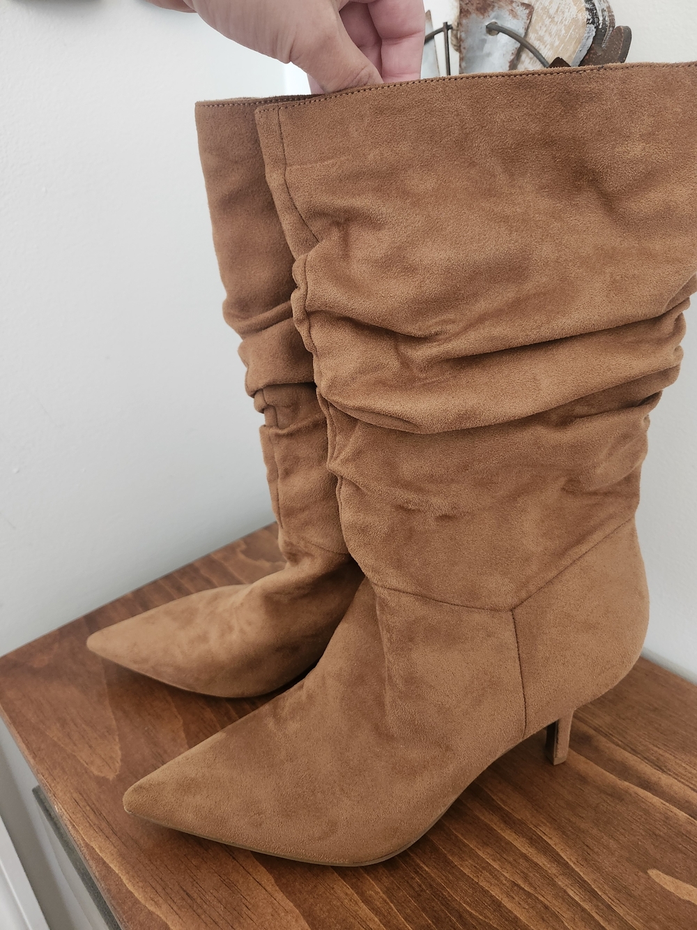 Nine West Tan Suede Slouch Knee-High Pointed Toe Boots